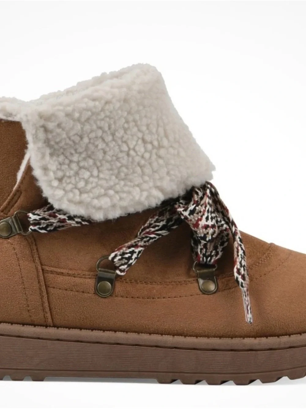 White Mountain Tan Faux-Suede Sherpa-Lined Ankle Boot with Braided Laces